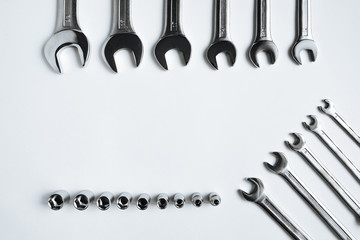 spanners tool steel working equipment on a white background. Space for text