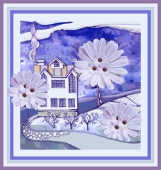 Beautiful card with house and fantasy trees from daisy flowers.
