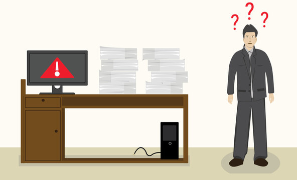 A businessman in problem with high workload and non functioning of computer