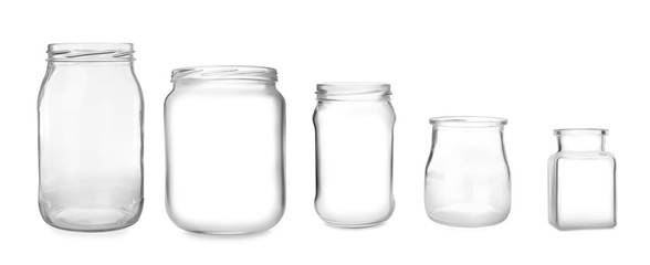 Set with open empty glass jars on white background. Banner design