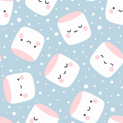 Marshmallow cute face character seamless pattern, vector illustration background