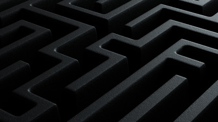 3d illustration closeup of black dark black labyrinth stone walls