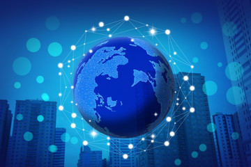 Futuristic communication technology concept. World globe with network illustration on city background