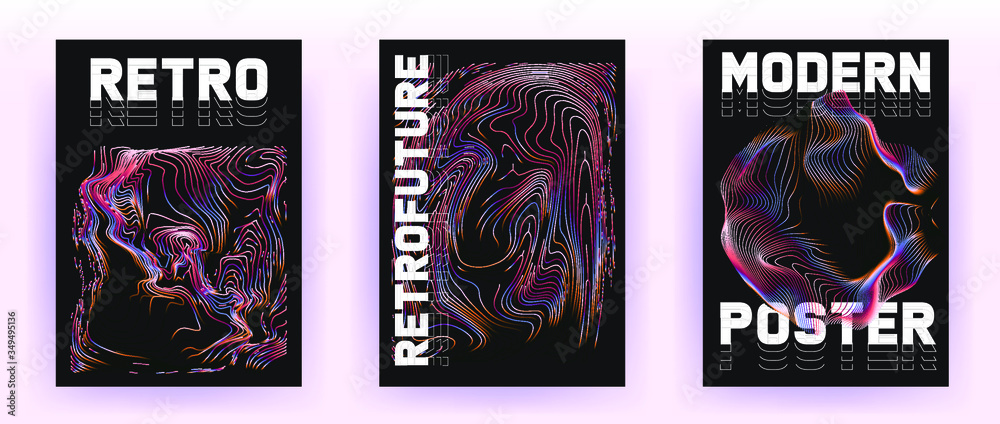 Poster set of retrofuturistic posters with holographic chromatic shapes in rainbow colors. synthwave and va