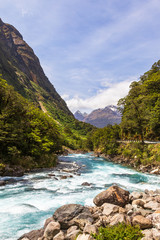 Landscape with rapid river near Pop's View lookout. Fiordland national park. New Zealand