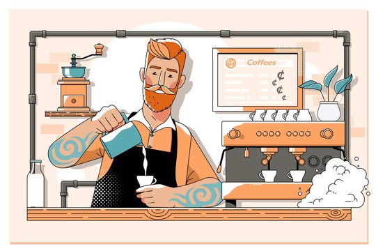 Handsome barista preparing cup of coffee for customer in coffee shop.Line vector illustration