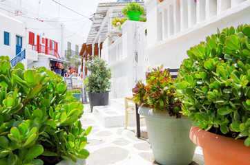 Picturesque scenic narrow streets with traditional whitewashed houses with blue doors windows of...