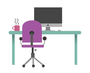 Computer desk illustration in flat color style. Table, computer, chair, coffee.