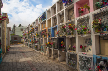QUITO, ECUADOR- MAY 23, 2017: View of cemetery San Antonio de Pichincha, showing typical catholic graves with a burial vaults