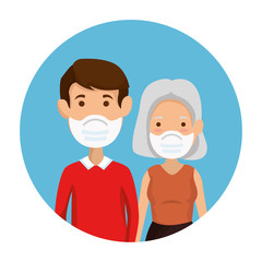 cute family members using face mask in frame circular vector illustration design