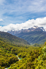 Fototapeta na wymiar The pop's view lookout to the forest and the river. Fiordland National Park, New Zealand