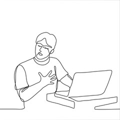 man sits in front of a computer and grabs his chest (heart). One continuous line a person is shocked / surprised / stunned / impressed by what he saw or read on the Internet. Can be used for animation