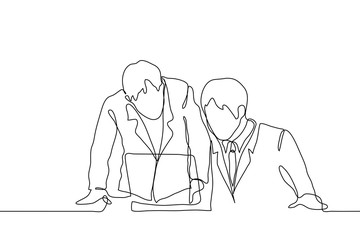 Two men in suits are looking at a laptop. One man sits, the second man stands and shows the first something on the laptop. One continuous line drawing businesspeople or boss and employee