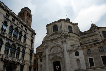 Cityscape with San Geremia church in Venice. Historical facade with colomns, portico made in baroque style.