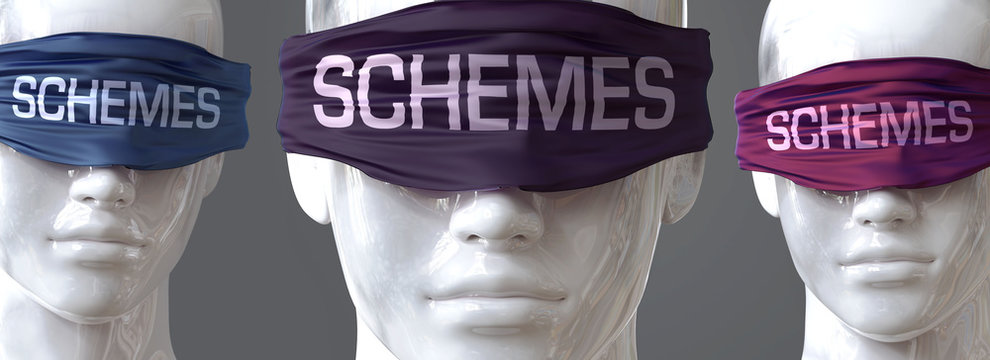 Schemes can blind our views and limit perspective - pictured as word Schemes on eyes to symbolize that Schemes can distort perception of the world, 3d illustration