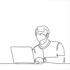 A man sits in a T-shirt and works on a laptop. The concept of working from home, a freelancer at work. One continuous line art designer, blogger, copywriter, writer, manager, programmer, order