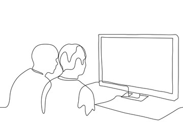 A couple of friends are sitting in front of a wide screen TV, they are watching something enthusiastically (news, film, TV show). One continuous line drawing looking at the monitor, for animation
