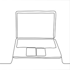One continuous line drawing of an open laptop. Vector illustration of computer technology as a concept of work from home, mobility, invention, purchase of equipment, software updates