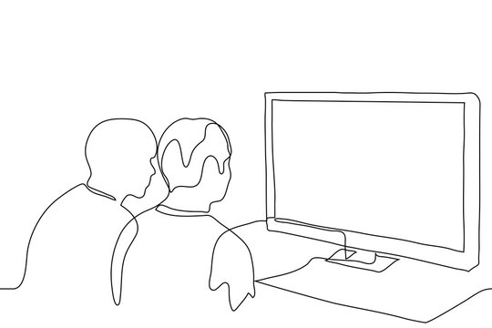 A couple of friends are sitting in front of a wide screen TV, they are watching something enthusiastically (news, film, TV show). One continuous line drawing looking at the monitor, for animation