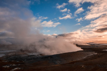 A huge chimney giving off water vapor in Hverir, Iceland