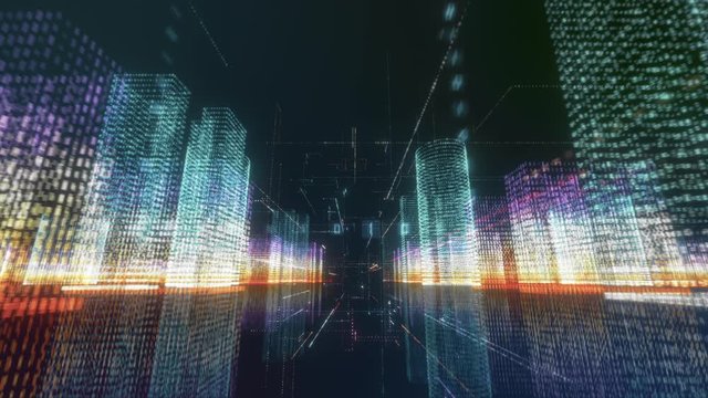 Digital City seamless loop. Abstract 3D hologram render with futuristic matrix. Flying through colored buildings with a binary code particles network. Technology and connection concept. Cyberspace