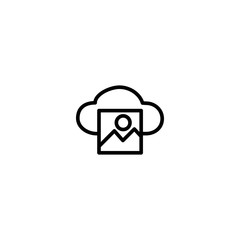 Uploading pictures to cloud storage. Line icon design.