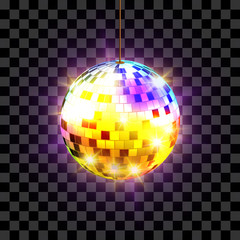 Disco ball with light rays isolated on transparent background. Vector illustration.