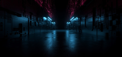 Futuristic Cyber Sci Fi Schematic Metal Reflective Neon Glowing Purple Blue Texture Electric Tunnel Corridor Spaceship Warehouse Concrete Realistic Background 3D Rendering © IM_VISUALS