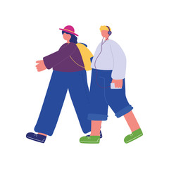 people activities, young man listen music and girl with backpack walking