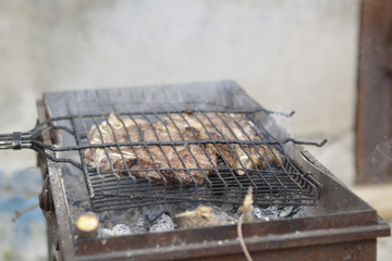 Grilled meat on a barbecue grill.
