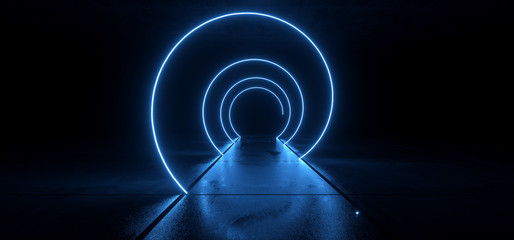Cyber Underground Tunnel Corridor Neon Beam Spiral Lasers Glowing Blue Vibrant Rough Concrete Floor Empty Dark Background Spaceship Sci Fi 3D Rendering