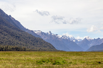 Fototapeta na wymiar Field and distant snowy mountains. South Island landscapes on the way to Milford Sound. Fiordland. New Zealand