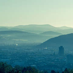 view over Lörrach and Schwarzwald on a foggy morning