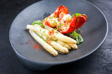 Traditional barbecue spiny lobster tail sliced and offered with white asparagus and lettuce as closeup on a modern design plate