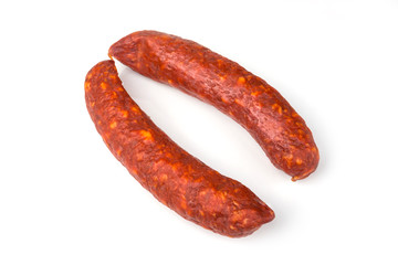 Home made smoked sausages on a white