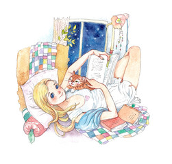 watercolor cartoon girl reads a book with a cat on the bed. Learning new knowledge in quarantine at home. A student repeats lectures on self-isolation. Hobbies reading a magazine in a cozy atmosphere 