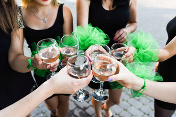 Company of girls cheers with glasses of white wine.