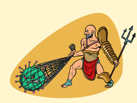 Italy victory in the epidemic of coronavirus covid19. Gladiator grabbed the virus