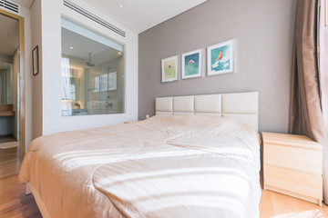 Fototapeta na wymiar Bright Interior of cozy bedroom in modern design
