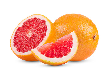 Ripe half of pink grapefruit citrus fruit isolated on white background. full depth of field