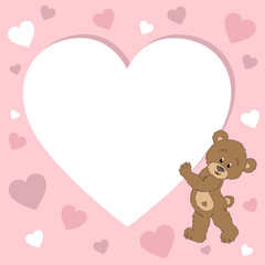 Teddy bear holding a heart on a pink background