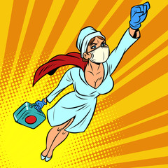 super hero nurse flying with a vaccine against the virus
