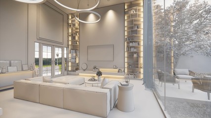 3d rendering. Interior house modern open living space with kitchen.Luxury modern style Duplex apartment residence.Home decoration luxury  interior design.
