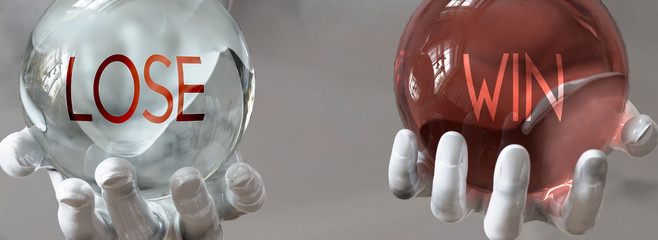 win and lose in a balanced life - pictured as words win,lose in hands to show that lose and win should stay in balance, 3d illustration