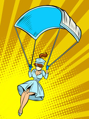 super hero nurse goes down on a parachute like a medical mask