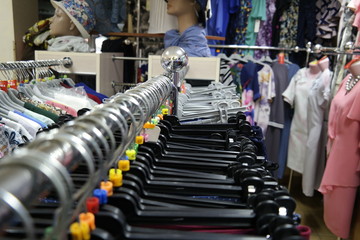 clothes hangers in a shop