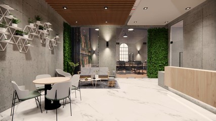 Interior Empty Modern Loft Office open space modern office footage.Modern open concept Lobby and reception area meeting room design. 3dRendering . © anon