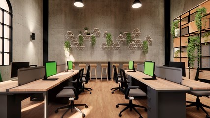 Interior Empty Modern Loft Office open space modern office footage.Modern open concept Lobby and reception area meeting room design. 3dRendering .