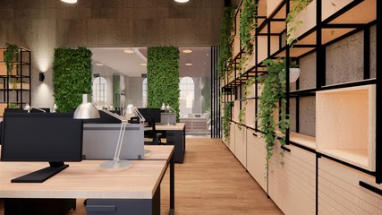Interior Empty Modern Loft Office open space modern office footage.Modern open concept Lobby and reception area meeting room design. 3dRendering .