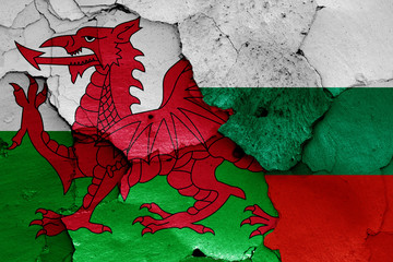 flags of Wales and Bulgaria painted on cracked wall